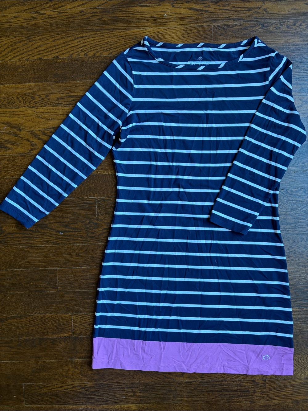 Southern Tide Navy and White Striped Long-Sleeve Dress with Pink Hem